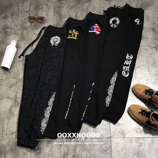高品质纯棉毛圈街头风印花束脚裤 潮流百搭 黑色十字架符文休闲长裤