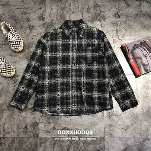 ins欧美个性街头男女装全身十字架印花格子休闲时尚潮牌长袖衬衫