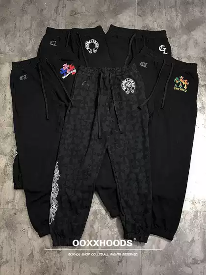 High-Quality Pure Cotton Terry Street Style Printed Jogger Pants with Black Cross and Rune Designs, Casual Long Pants, Trendy and Versatile