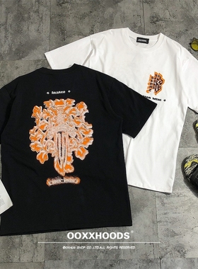 立体绣花橙色大宝剑十字架线条宽松oversize男女有BF风棉短袖T恤