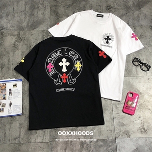 ins欧美潮牌彩色十字架拼皮270G重磅棉男女半截袖 T恤 符文贴皮短袖