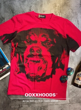 2023霸气社会大哥风 洛威拿恶犬狗头 红色 宽松os男友bf风短袖T恤