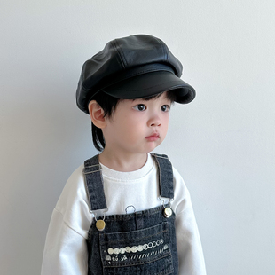 儿童帽子春秋贝雷帽女童鸭舌帽皮质英伦八角帽秋冬男童宝宝画家帽