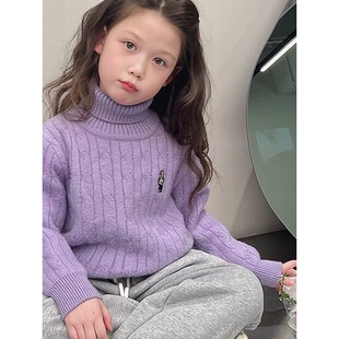 全棉女童一体绒毛衣秋冬加厚加绒高领针织衫儿童洋气中大童冬装打