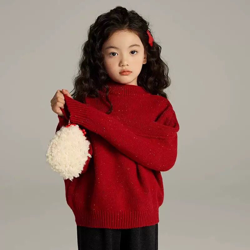 全棉红色加厚女童针织衫秋冬2025新款儿童加绒毛衣冬装新年童装打