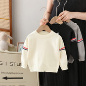 全棉儿童毛衣2026春季 米色黑色圆领白色 男宝婴儿小男孩针织打底衫