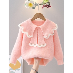 全棉女童秋冬毛衣2025新款洋气娃娃领水貂绒针织衫甜美百搭儿童打