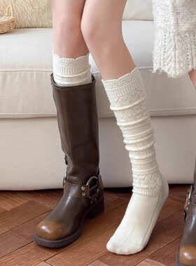 全纯棉羊毛花边小腿袜女日系镂空针织堆堆袜配靴子保暖冬季长袜子