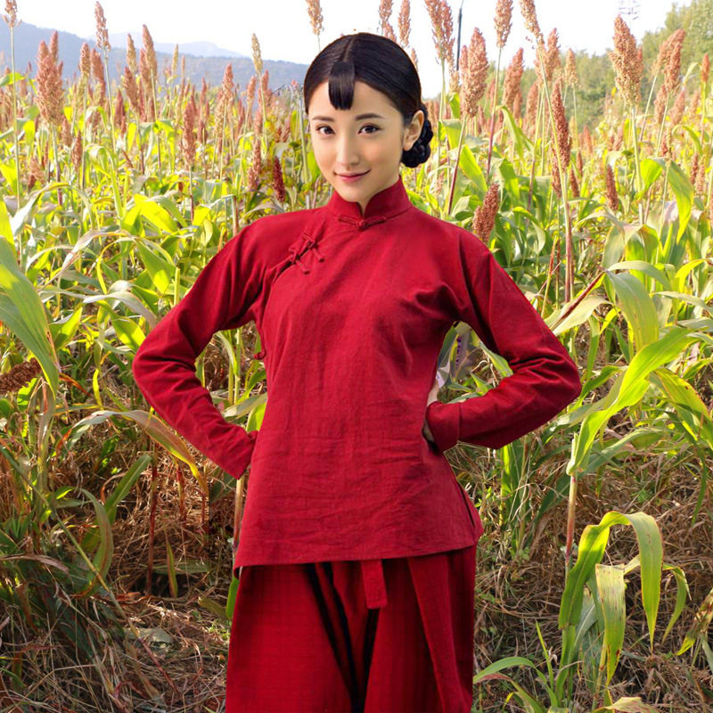 九儿舞蹈演出服装成人女红高粱同款中国风村姑老太太话剧舞台朗诵