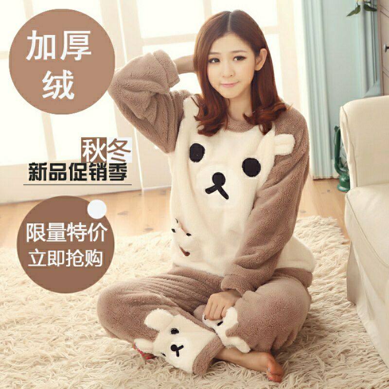 珊瑚绒睡衣女秋冬季套头保暖法兰绒冬天加绒加厚可外穿家居服套装
