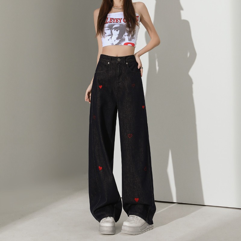 深蓝爱心刺绣阔腿牛仔裤女2025夏季新款高腰显瘦设计感直筒拖地裤