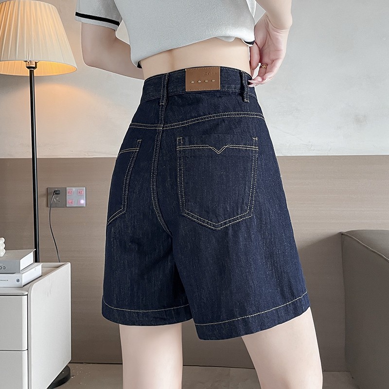 深色牛仔短裤女夏季薄款2025新款高腰宽松小个子弹力阔腿四分裤子
