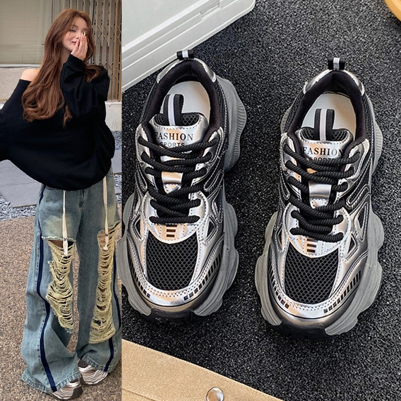 薄款老爹鞋女2025新款爆款秋冬季黑色鞋子百搭松糕厚底休闲运动鞋