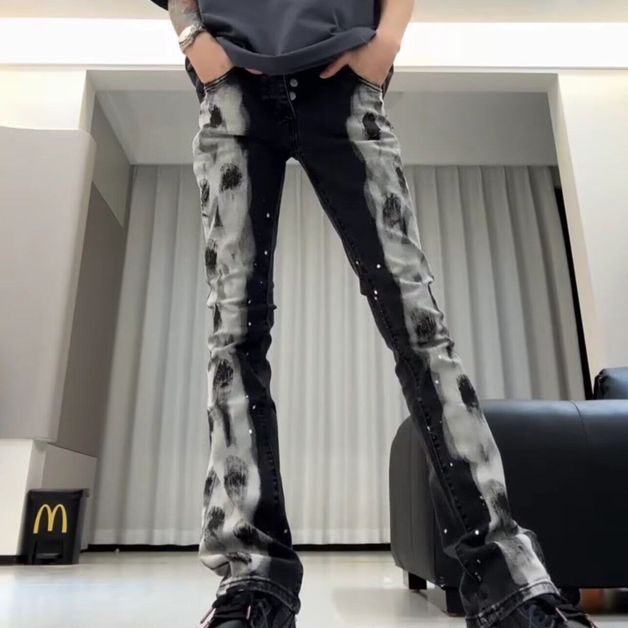 欧洲站美式潮牌爆款黑白撞色油漆泼墨涂鸦男显瘦弹力小脚牛仔长裤