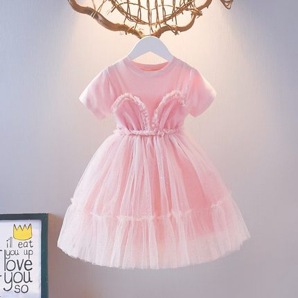 2024年夏季新款时尚洋气女童童装连衣裙假两件吊带蓬蓬网纱公主裙