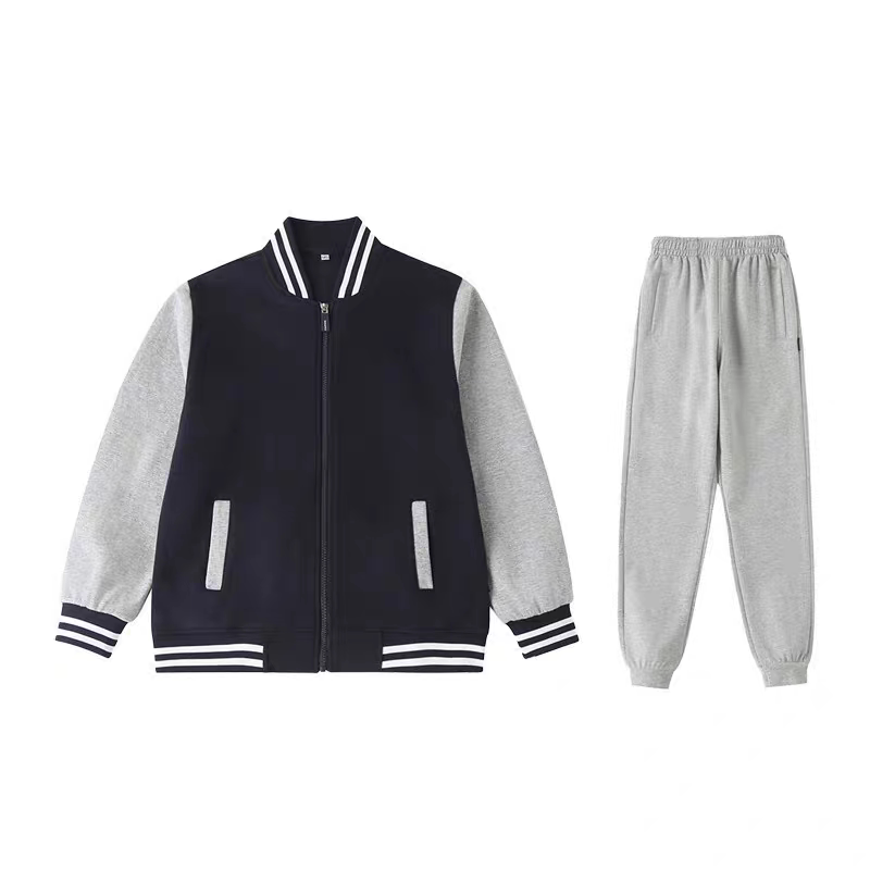伊顿中小学生校服外套外穿春秋学生棒球服长裤藏青色运动浅蓝袖子