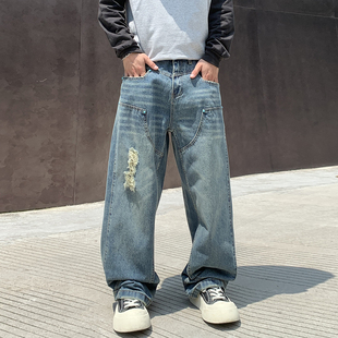男宽松直筒水洗阔腿裤 高街潮牌破洞牛仔裤 子学生百搭 美式 2026春季