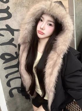 座山雕巨好看毛茸茸毛领棉服外套男女加厚美式cleanfit冬季棉衣袄