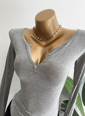 热销韩国东大门 MJ111性感半开领显胸~舒适微透修身长袖T恤打底衫