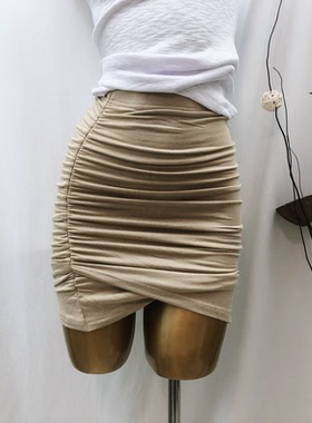 热销 韩国女装 莫负时光 性感高腰浅米褶皱包臀半身裙AR502囡ue