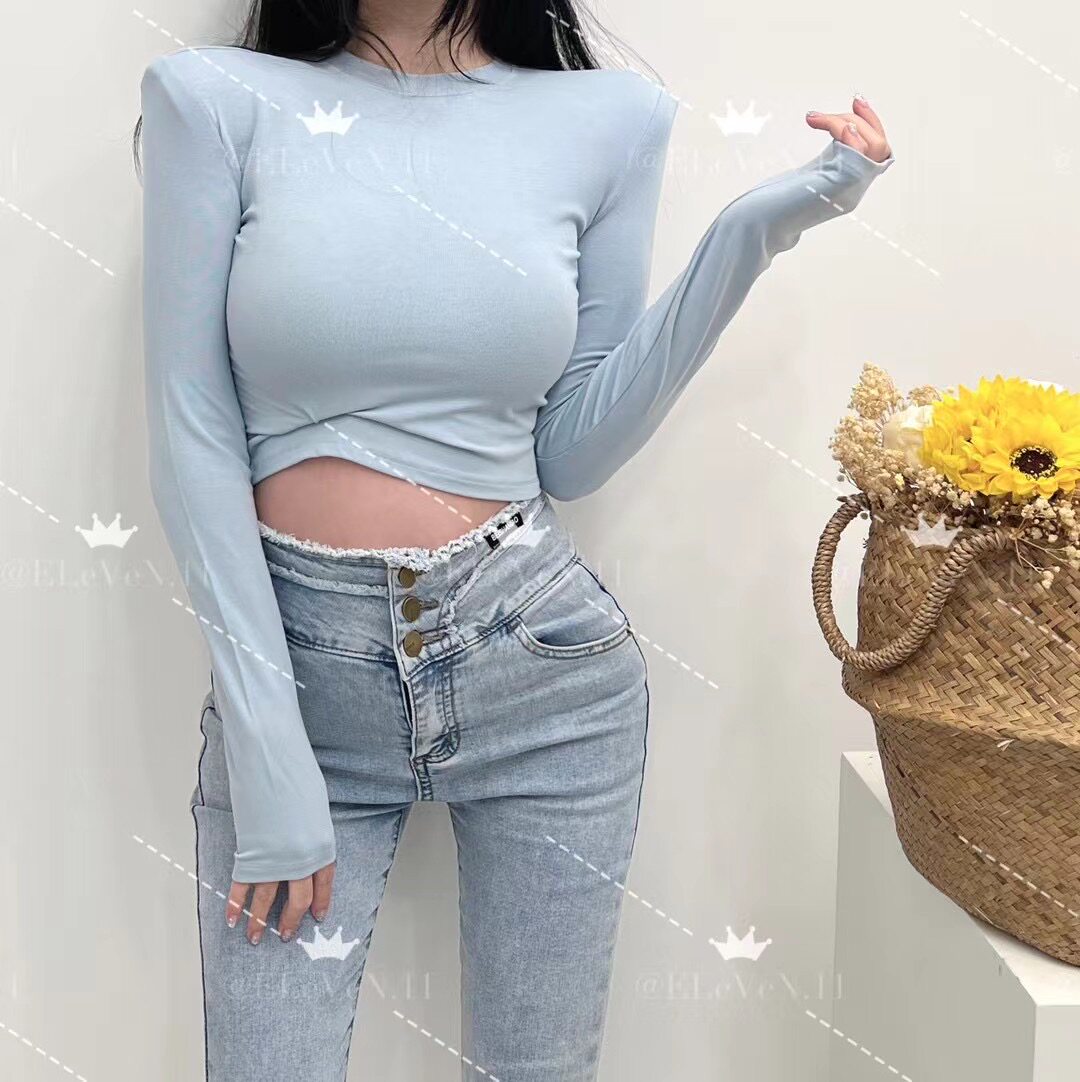 莫兰迪雾霾蓝~ 基础款带肩垫性感显胸亲fu长袖短款t恤女上衣内搭