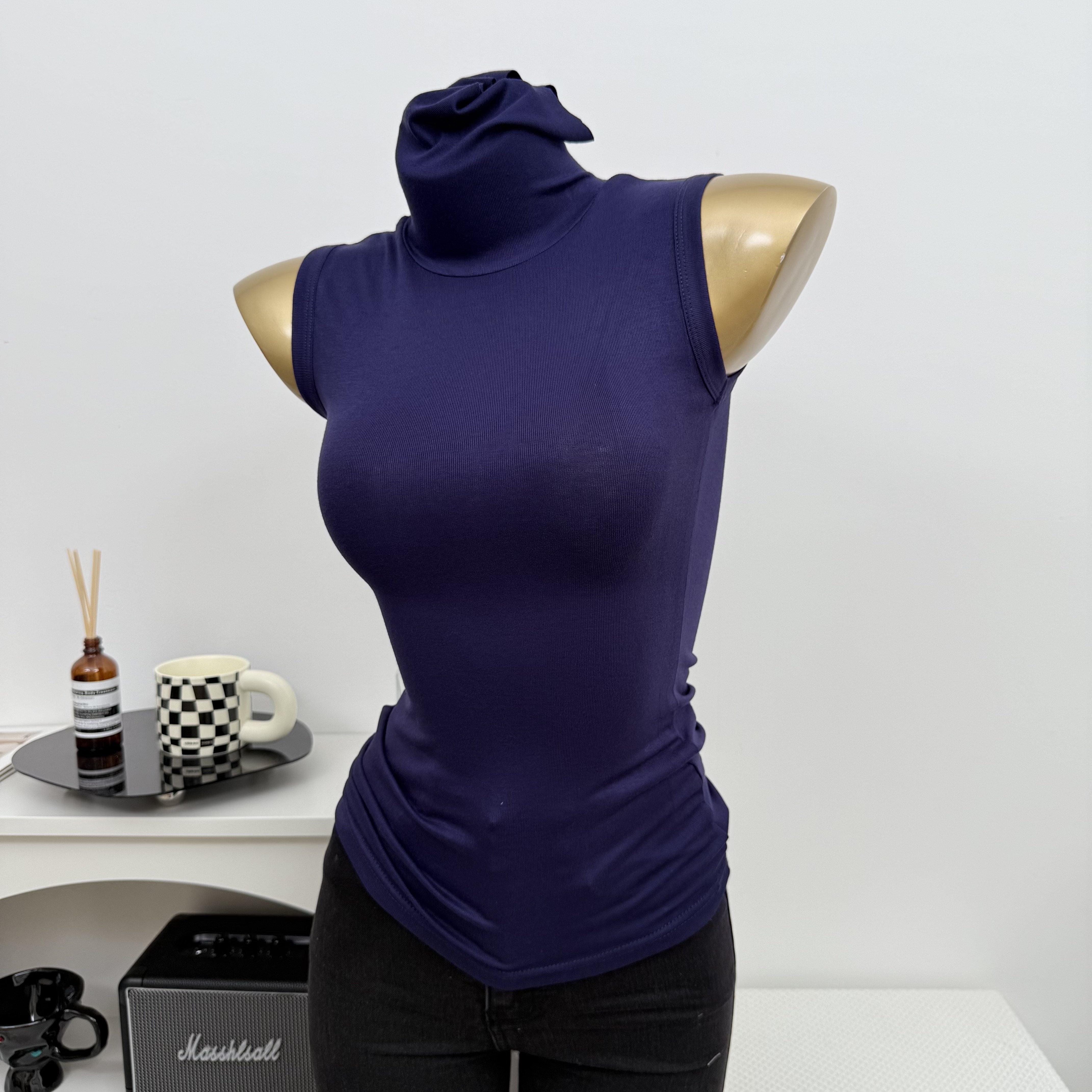 成熟御姐！复古宝蓝性感高领薄款无袖背心女亲肤柔软打底上衣2025,女装/女士精品,背心吊带,淘宝优惠券,粉丝福利购,淘宝优惠卷