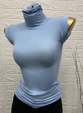 韩国INS简约基本款秋冬 超hao看的海螺蓝色微透高领打底t恤2020女