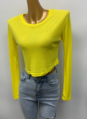 超正显身材！明媚淡黄色性感收腰薄款露脐短款长袖T恤2020新款夏