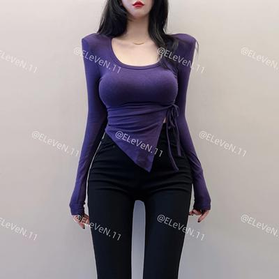 性感纯欲U领抽绳不规则长袖上衣