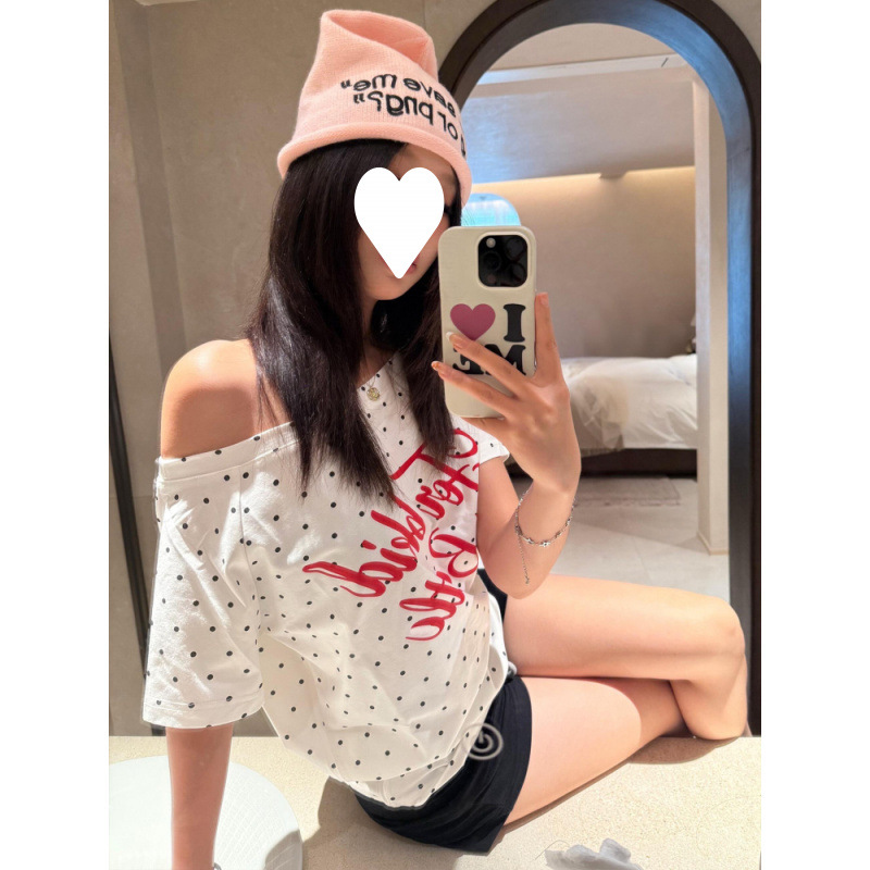 工厂直销美式辣妹斜肩短袖女夏波