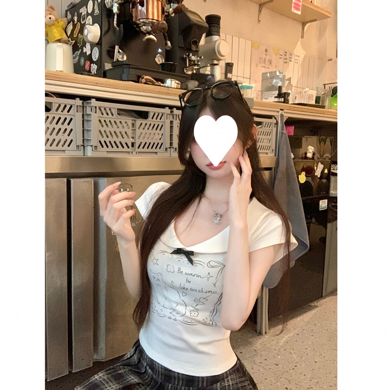韩系白色可爱小猫正肩短袖T恤女