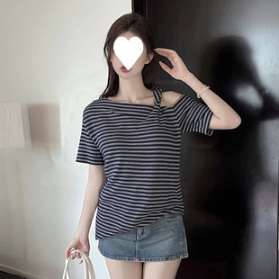 实拍 t恤女夏季 工厂批发 露肩短袖 百搭复古显 新款 辣妹气质修身