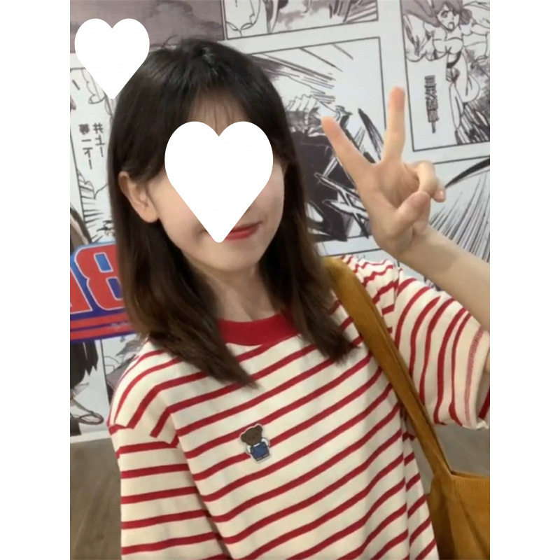 红色条纹短袖t恤女夏季2025新款刺绣设计感小众宽松减龄纯棉上衣
