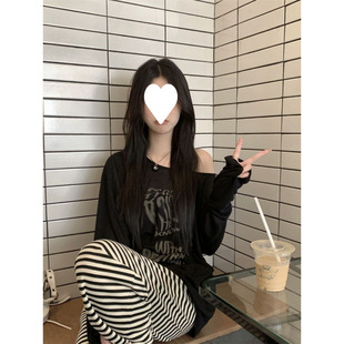 慵懒风露肩长袖 上衣黑色微透网纱小心机 t恤女宽松显瘦衫 薄款
