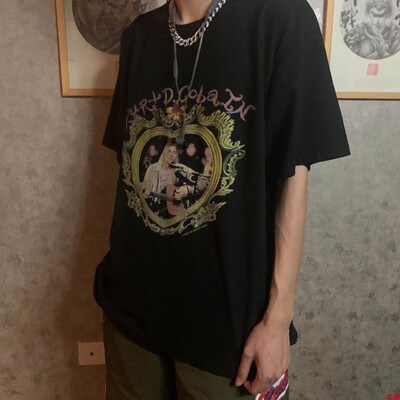 vintage摇滚乐队科本圆筒洗水t恤