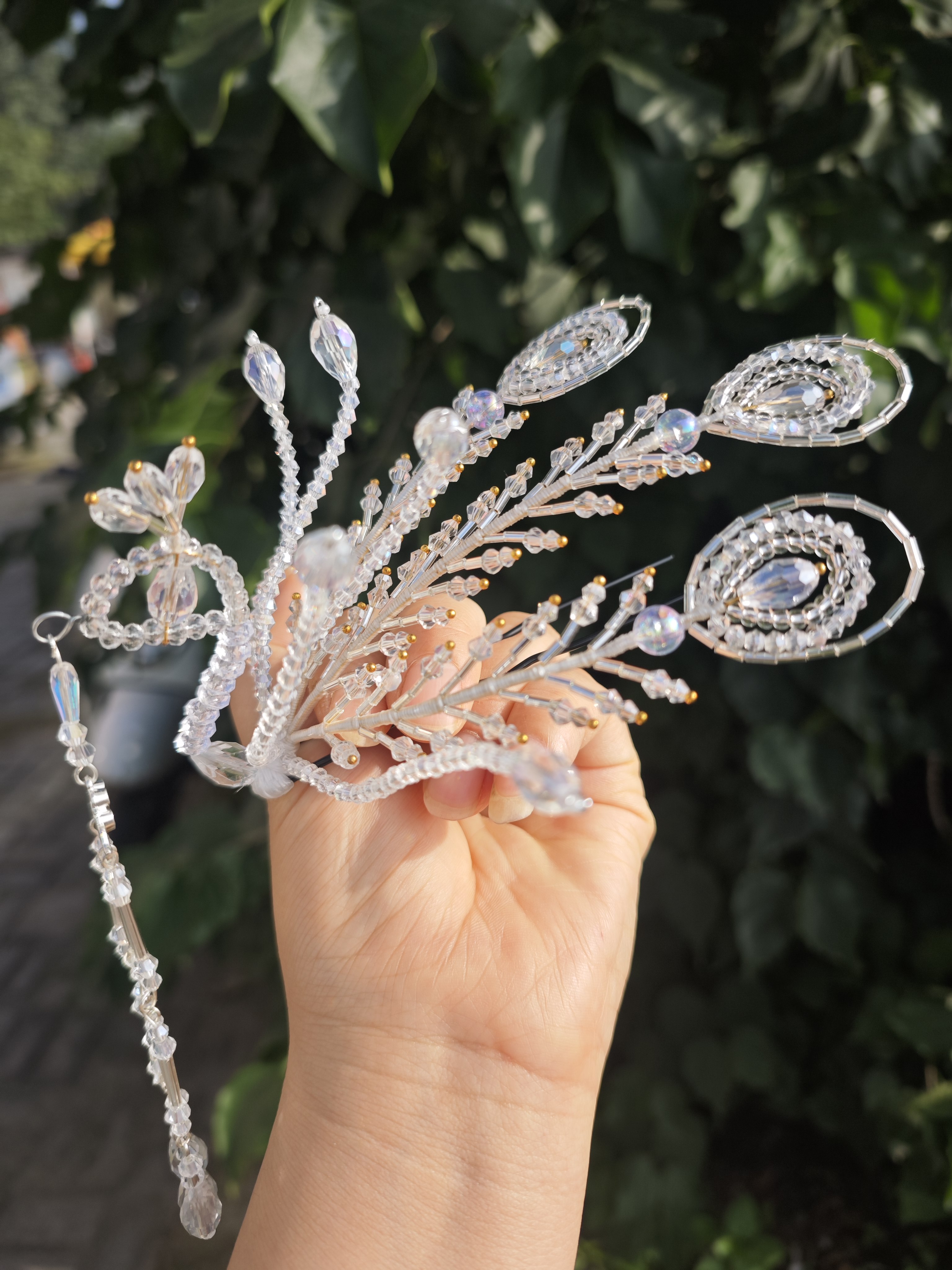 嫦娥仙子凤凰发冠手工串珠水晶孔古风/国风配饰