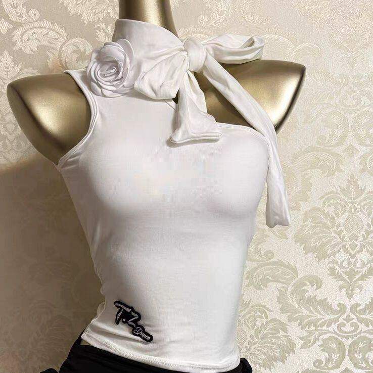 TZ仙女白拉丁摩登舞服系带蝴蝶结花朵上衣练功服女带胸棉飘带裙