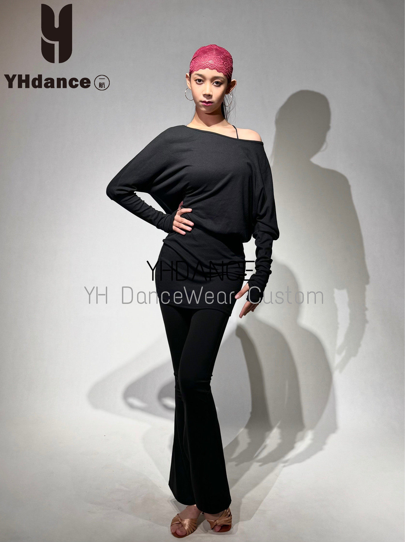 YHDANCE拉丁舞服秋冬蝙蝠衫长袖连衣裙套指露肩教课练功服C241