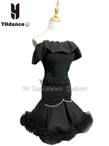 YHDANCE拉丁舞服摩登一字领荷叶边带胸垫黑色美背上衣显瘦c376