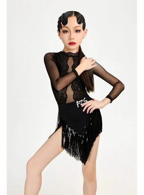 FZS DANCE 秋季新款L269 黑色分体花边蕾丝拼接流苏裙套装