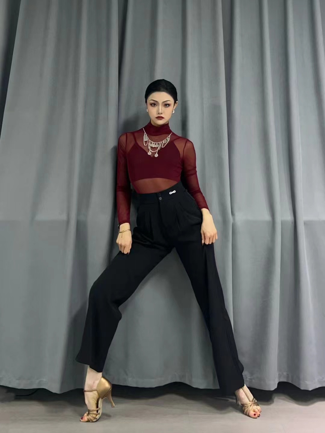 YHDANCE黑色半高领网纱连体上衣打底衫百搭长袖女送内搭修身C174
