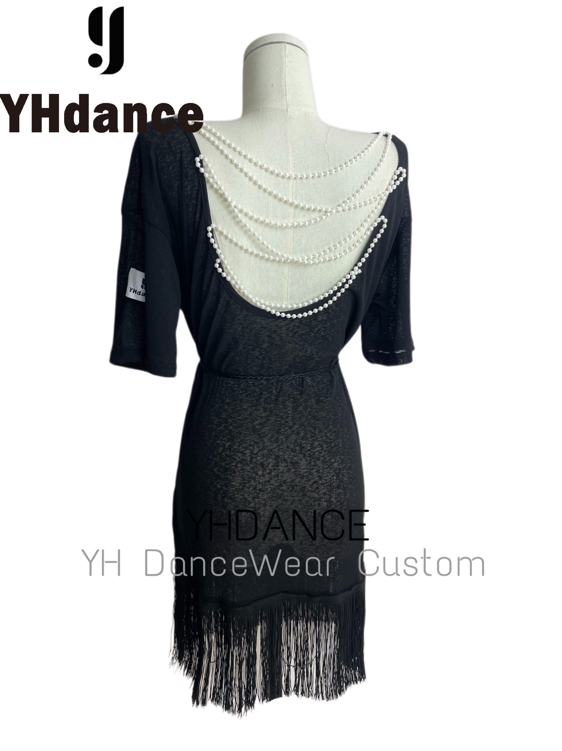 YHDANCE拉丁舞露背上衣女新款短袖流苏连体裙春珍珠镂空宽松C186