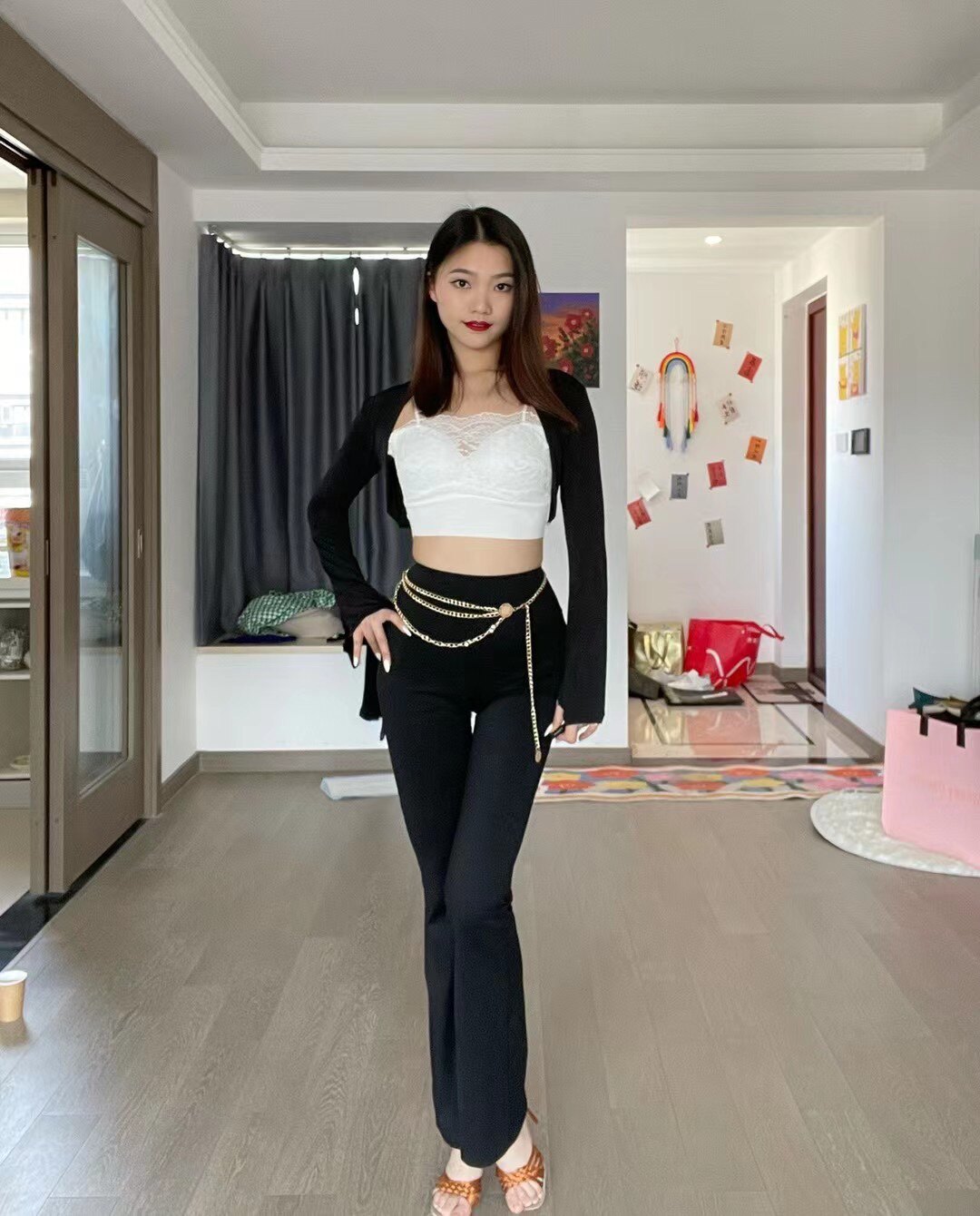 YH舞服黑色拉丁舞微喇裤高腰收腹练功吊带坎肩舞蹈裤子女成人伦巴