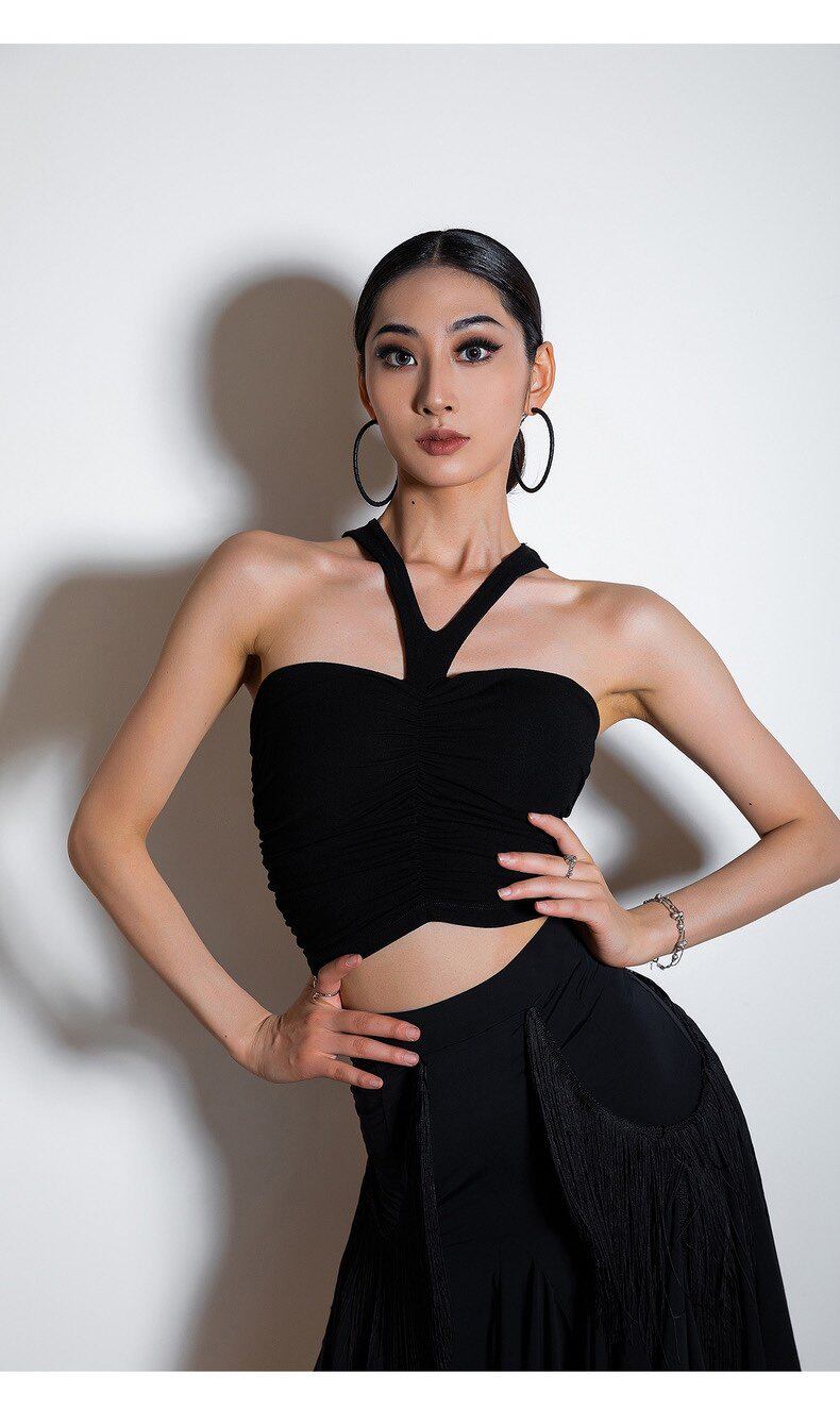 拉丁舞服练功服成人女新款舞衣夏挂脖抽褶短上衣百搭带胸垫985