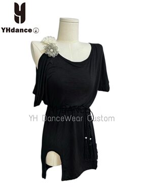 新款显瘦半袖拉丁舞服成人连体显腿长不规则裙露肩百搭教课C294