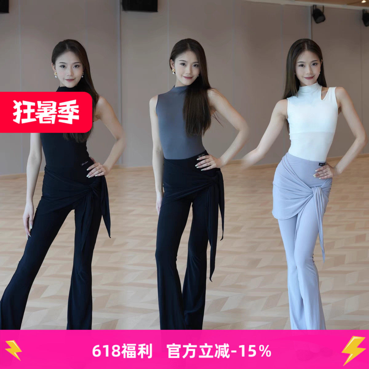 舞服拉丁舞服新款练功服演出服教课黑白灰无袖上衣喇叭长裤带臀斤
