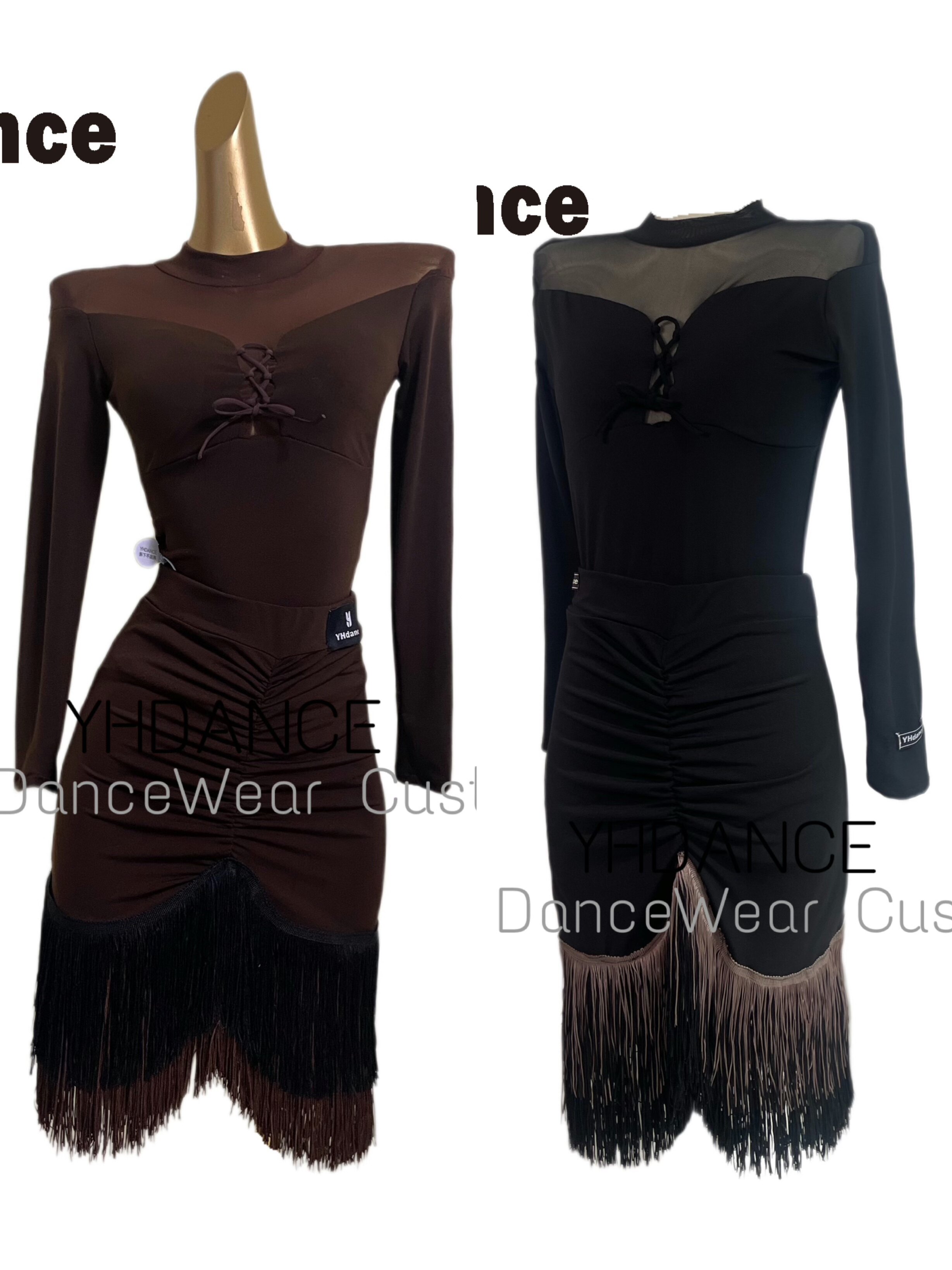 YHDANCE拉丁舞裙新款练功服装网纱上衣半身裙流苏裙套装比赛C146