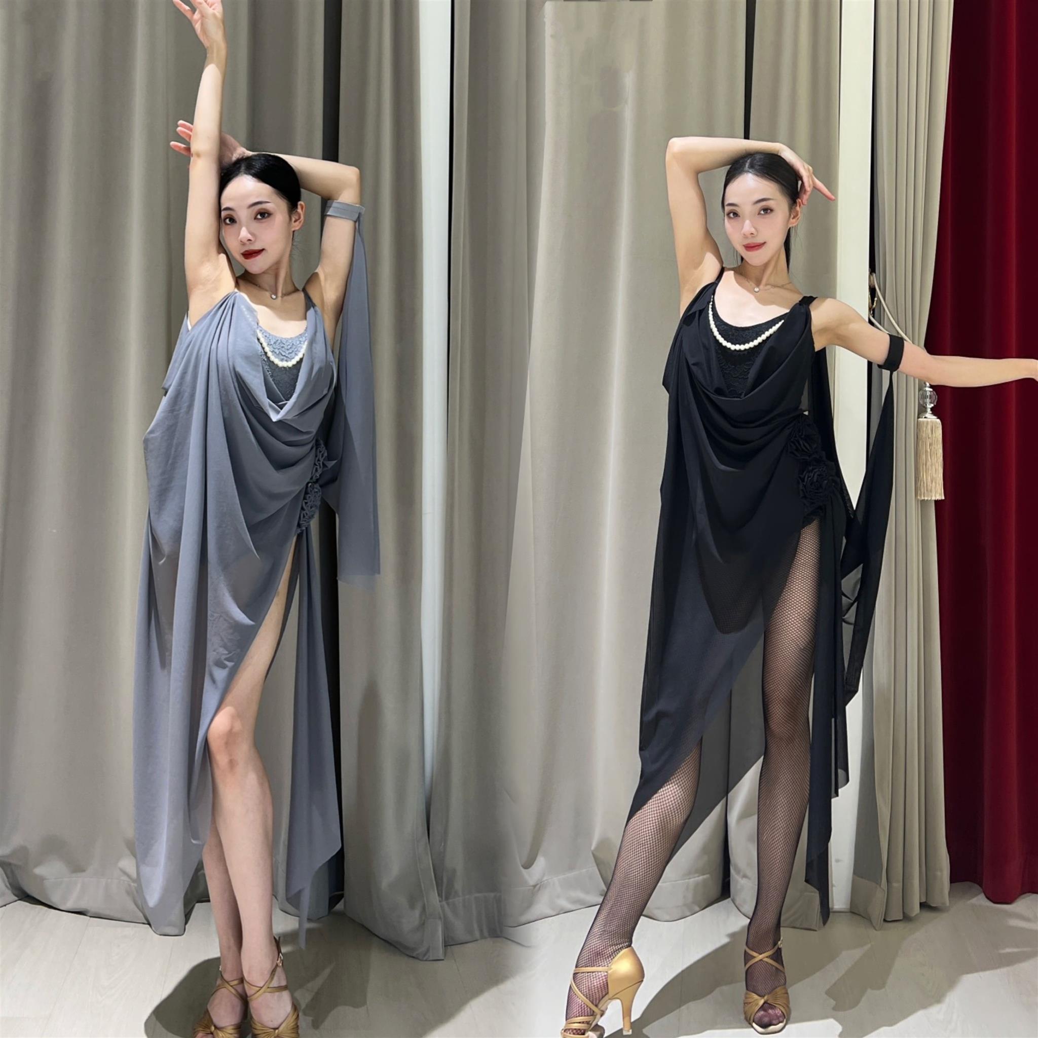 姝妲己舞服拉丁舞服新款艺考演出服比赛服白灰紫黑网纱荡领连衣裙