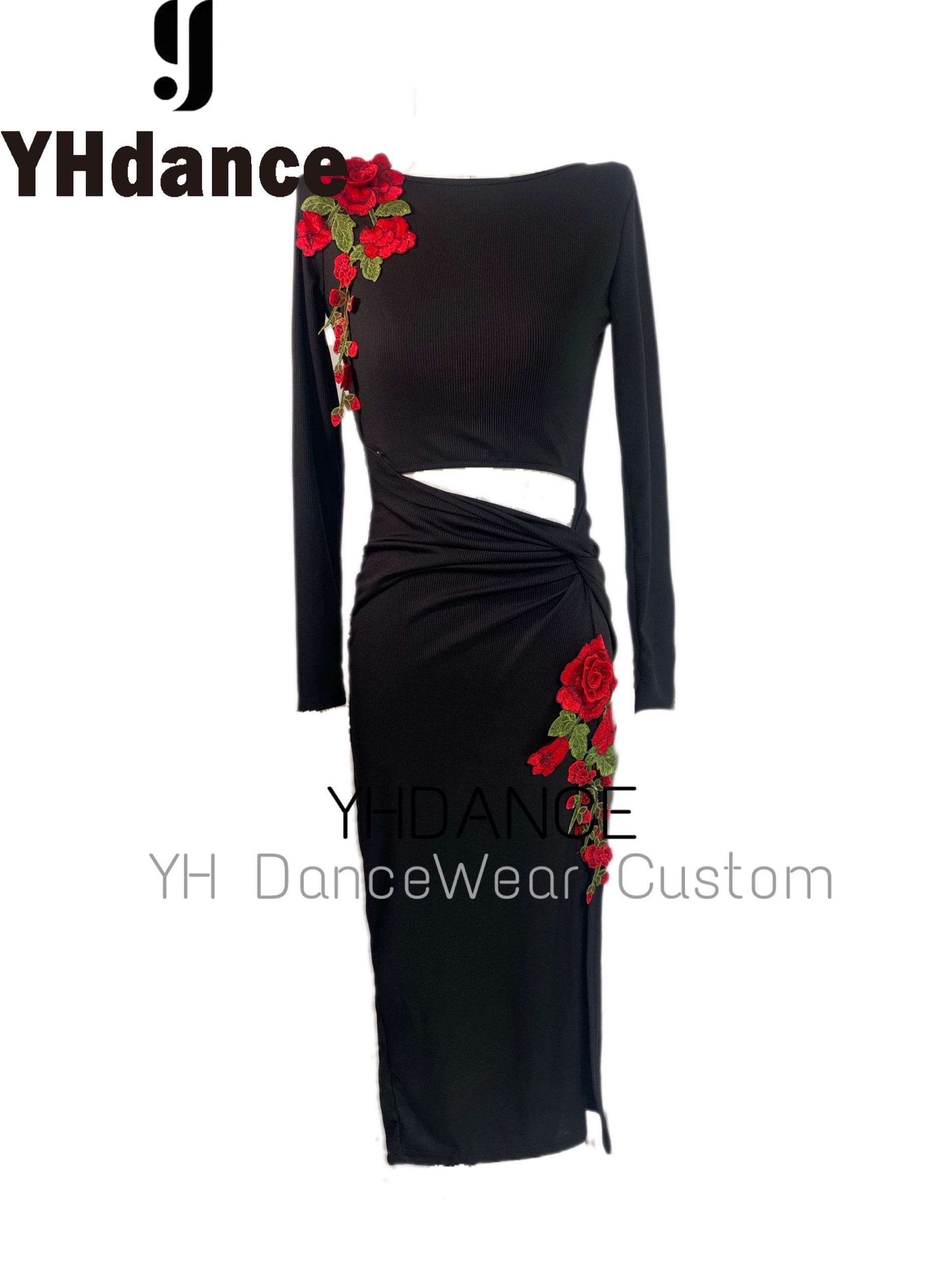 YHDANCE拉丁舞练功服性感开叉连衣裙成年人国标舞花花表演服C145