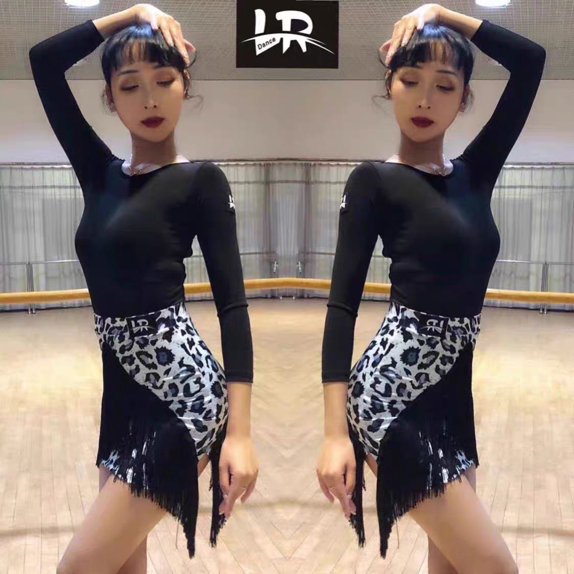 LR拉丁舞服百搭美背上衣女豹纹包臀流苏拼接夏季套装恰恰半身裙